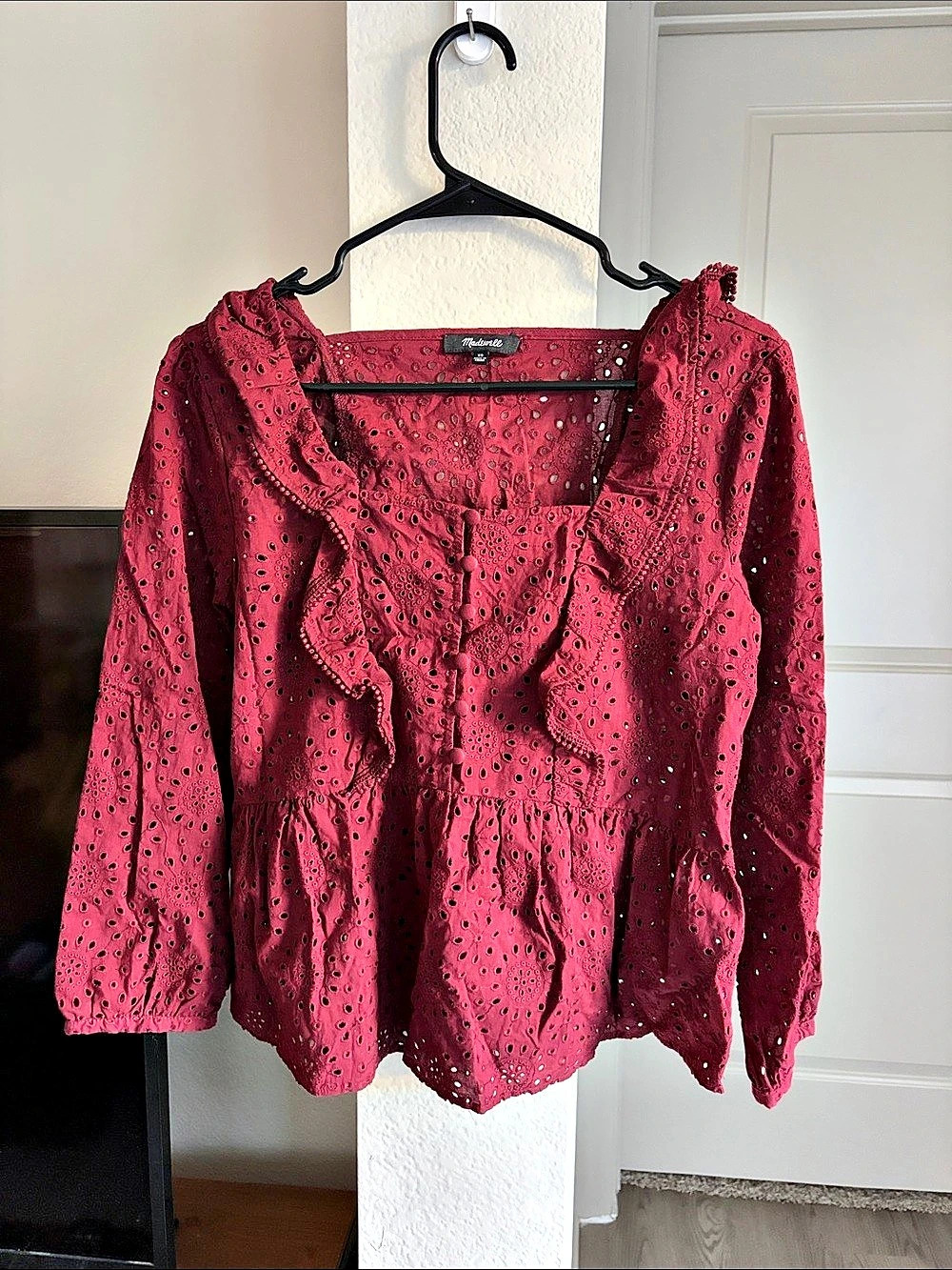 Madewell Eyelet Ruffle Peplum Blouse in Red XS